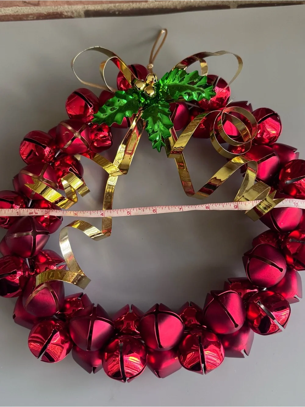 Vintage Red Jingle Bell Christmas Wreath 12” Metal Bells Gold Ribbon Holly Decor